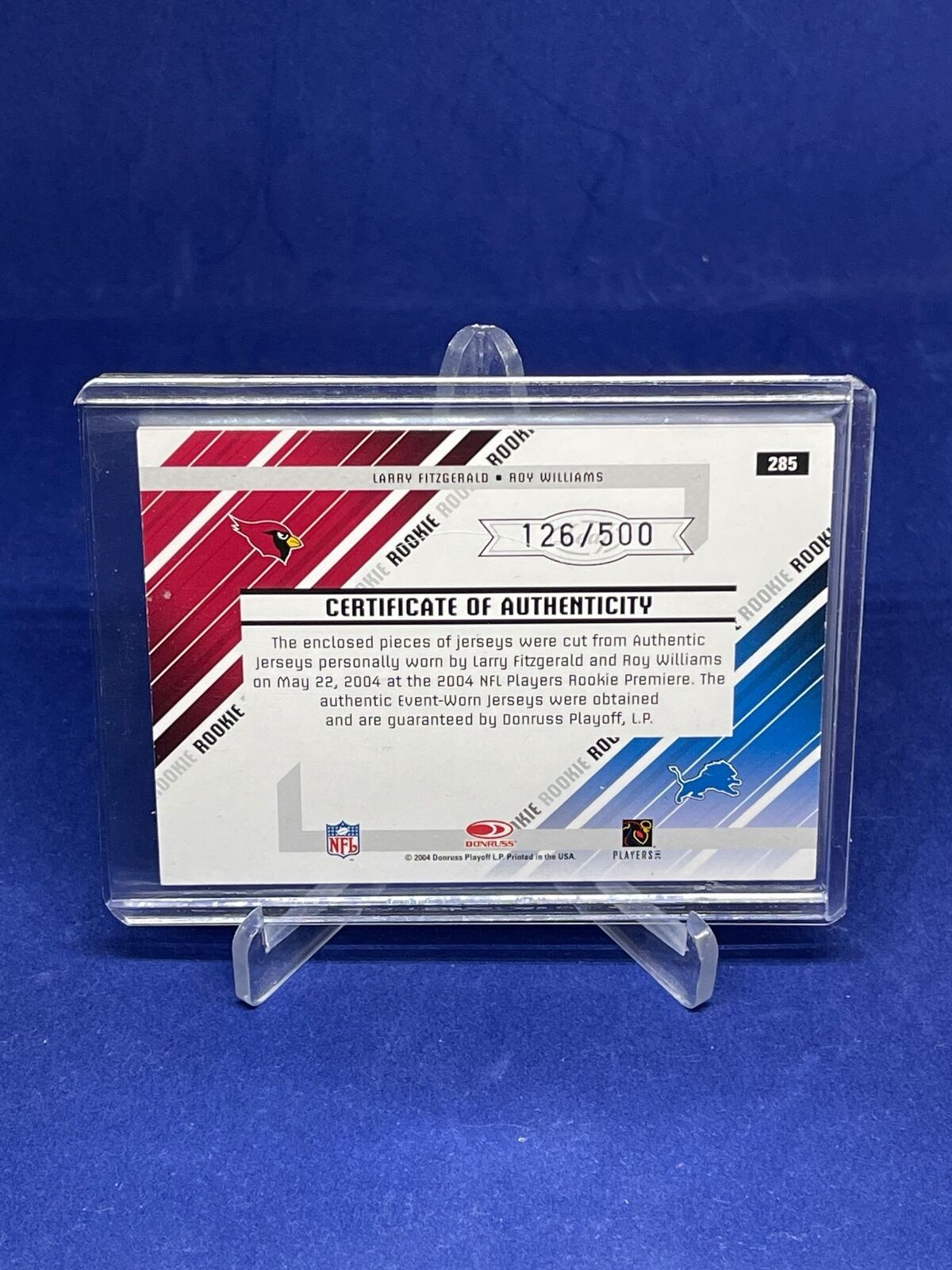 LARRY FITZGERALD ROY WILLIAMS 2004 LEAF ROOKIES STARS DUAL JERSEY RC #D 126/500