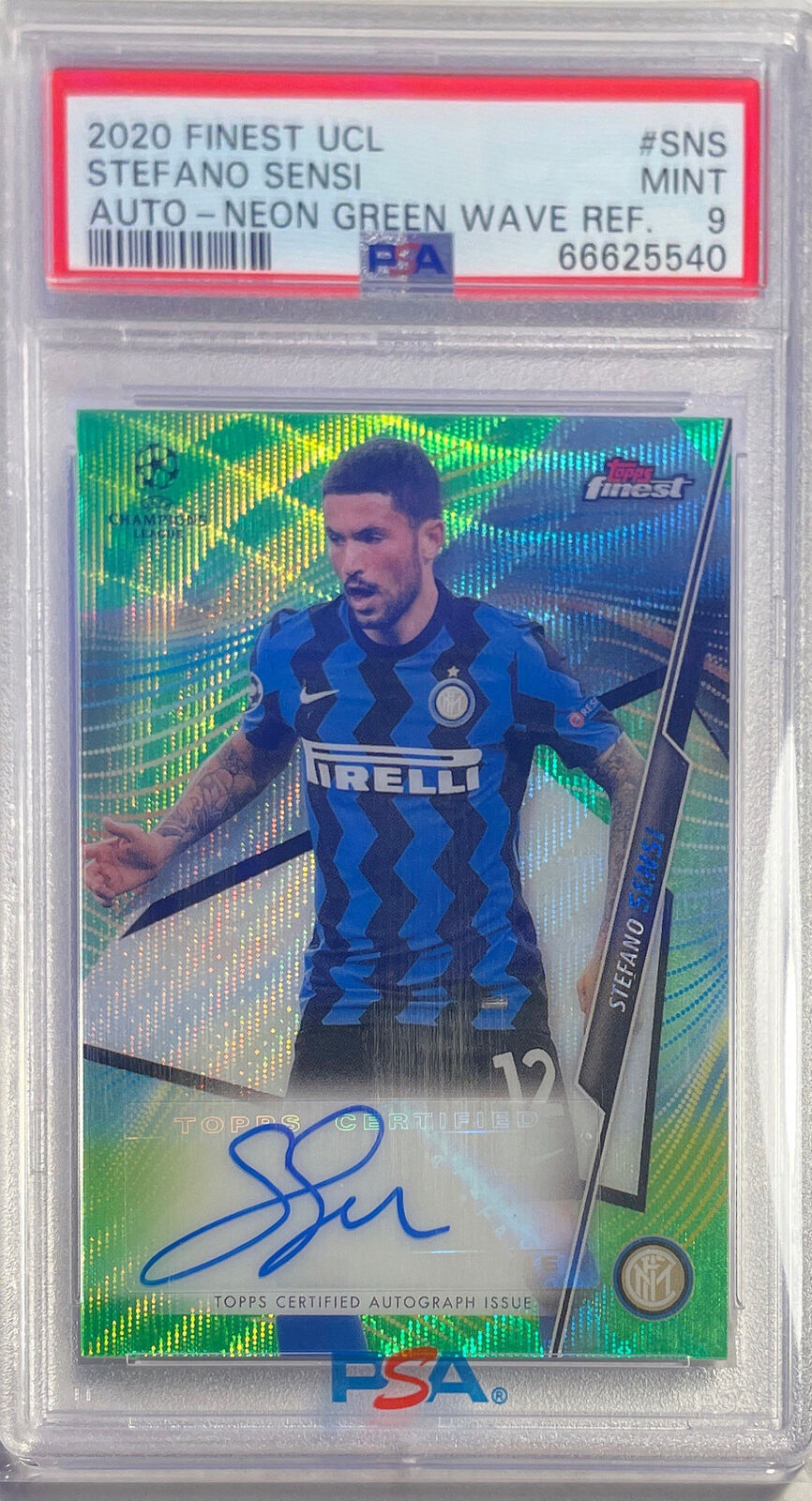 STEFANO SENSI 2020-21 FINEST UCL NEON GREEN REFRACTOR AUTO /99 PSA 9 POP 1/1