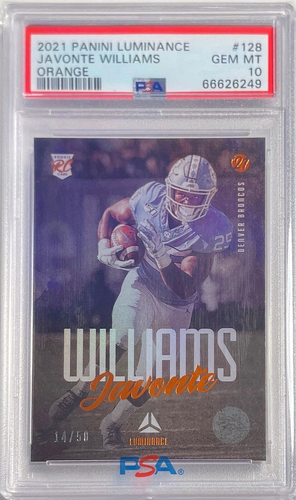 JAVONTE WILLIAMS 2021 PANINI LUMINANCE ORANGE ROOKIE RC #D /50 PSA 10 POP 1/1