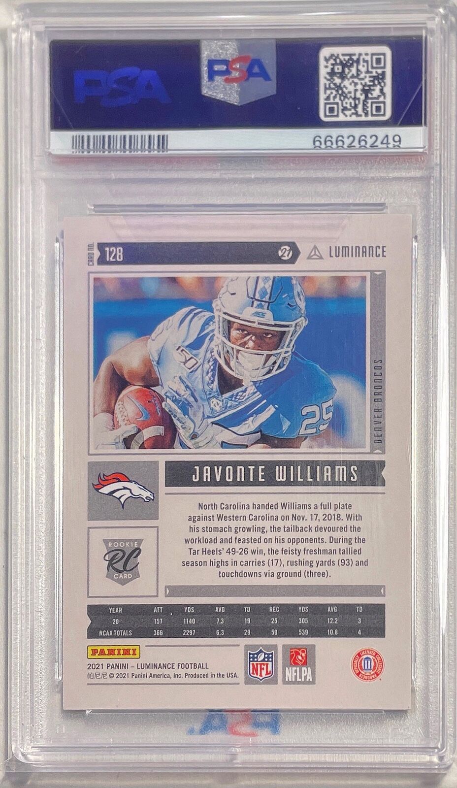 JAVONTE WILLIAMS 2021 PANINI LUMINANCE ORANGE ROOKIE RC #D /50 PSA 10 POP 1/1