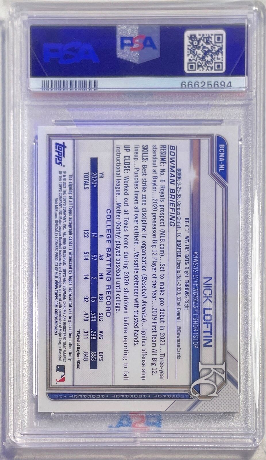 NICK LOFTIN 2021 BOWMAN CHROME MEGA BOX REFRACTOR AUTO #NL PSA 10 GEM POP 2