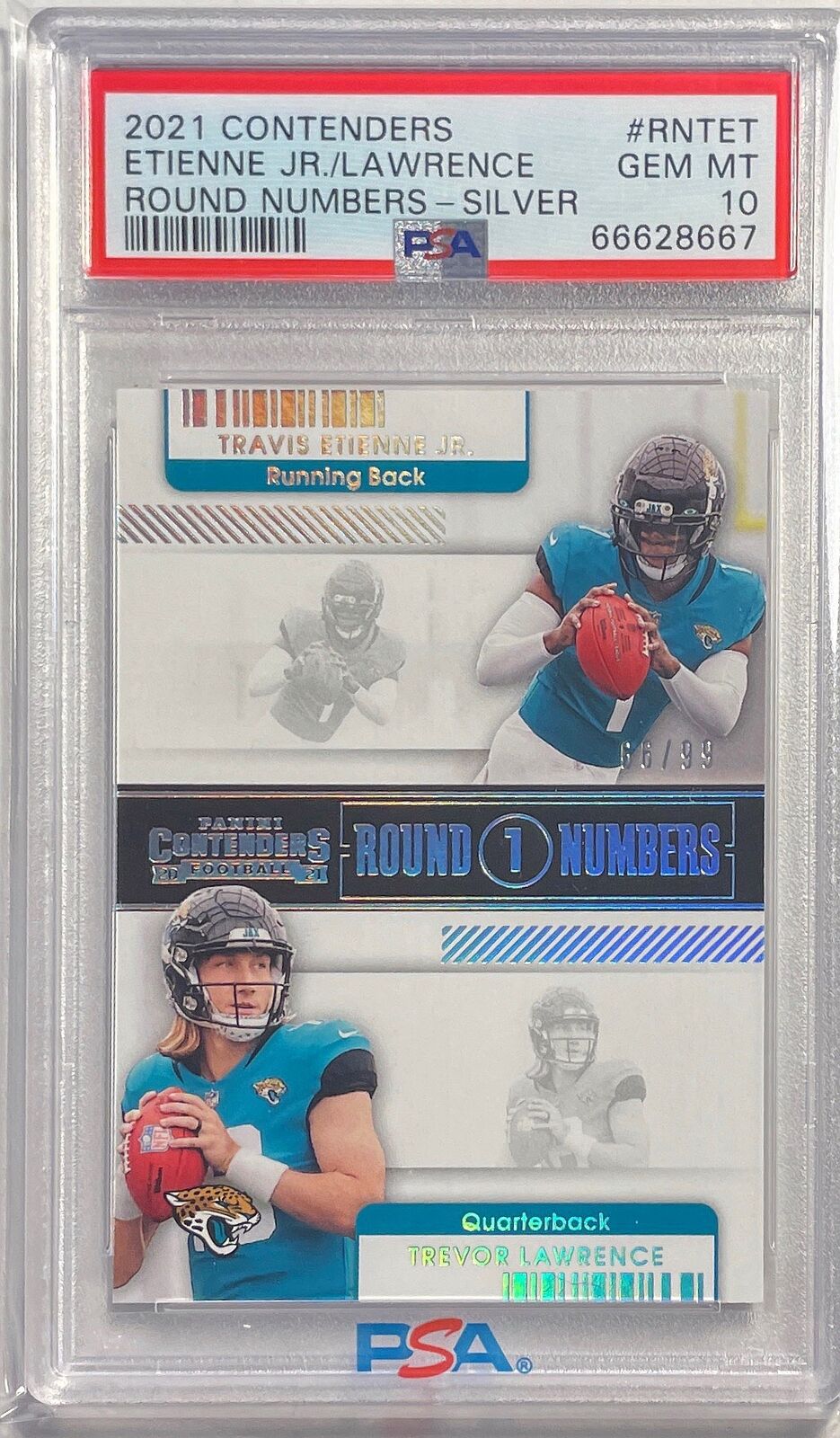 TREVOR LAWRENCE ETIENNE 2021 CONTENDERS ROUND NBRS SILVER RC /99 PSA 10 POP 3