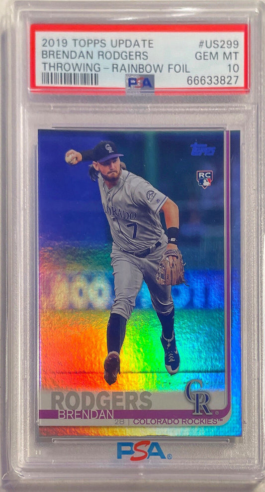 BRENDAN RODGERS 2019 TOPPS UPDATE THROWING RAINBOW FOIL RC #US299 PSA 10 POP 34