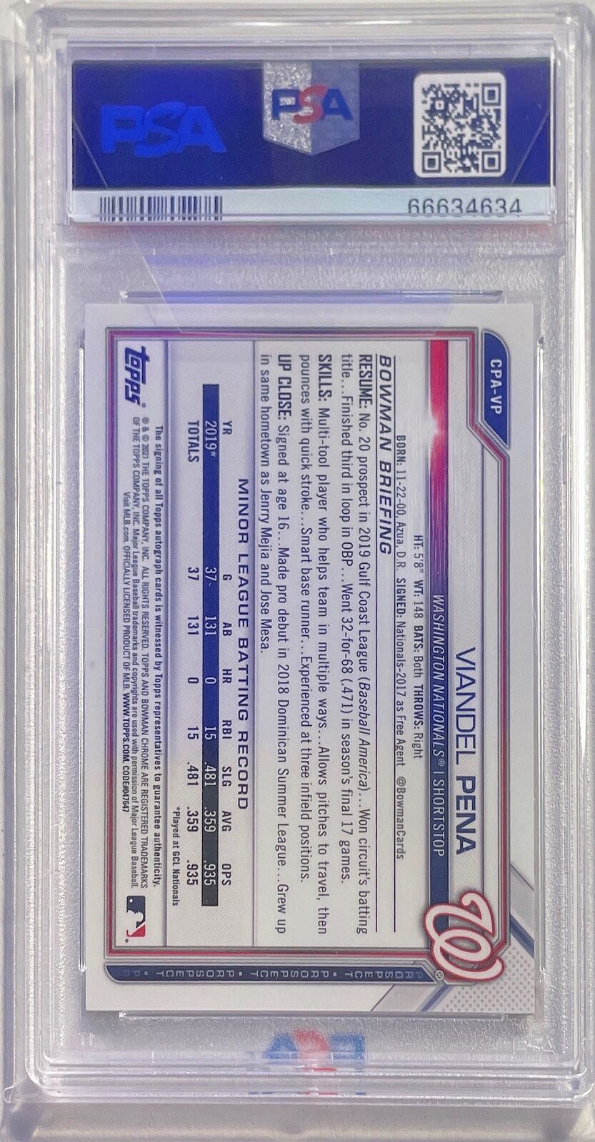 VIANDEL PENA 2021 BOWMAN CHROME 1ST PROSPECT AUTO RC #CPAVP PSA 10 GEM POP 1/1