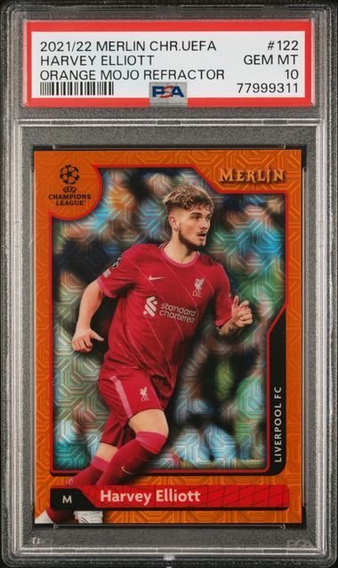 HARVEY ELLIOTT 2021-22 TOPPS MERLIN UEFA ORANGE MOJO REFRACTOR RC /25 PSA 10 GEM