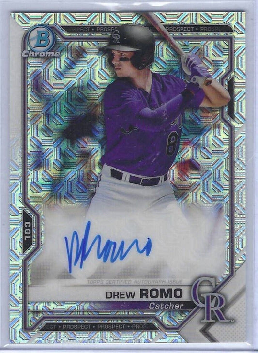 DREW ROMO 2021 BOWMAN CHROME SILVER MEGA BOX REFRACTOR PROSPECT AUTO #BCMA-DR