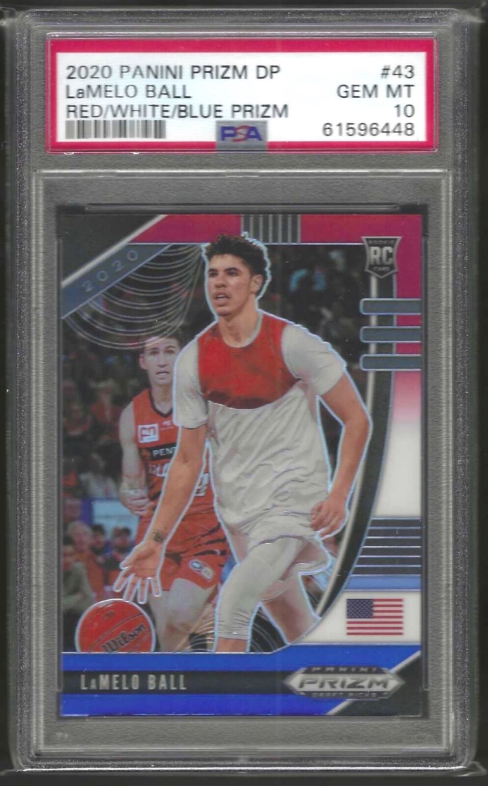 LAMELO BALL 2020-21 PANINI PRIZM RED WHITE AND BLUE PRIZM RC #43 PSA 10 GEM MINT