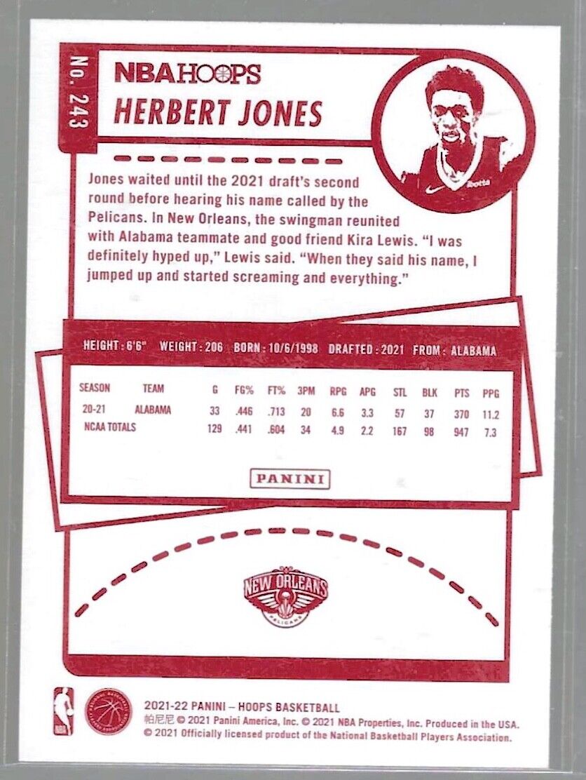 HERBERT JONES 2021-22 NBA HOOPS RED BACK SP ROOKIE RC #243