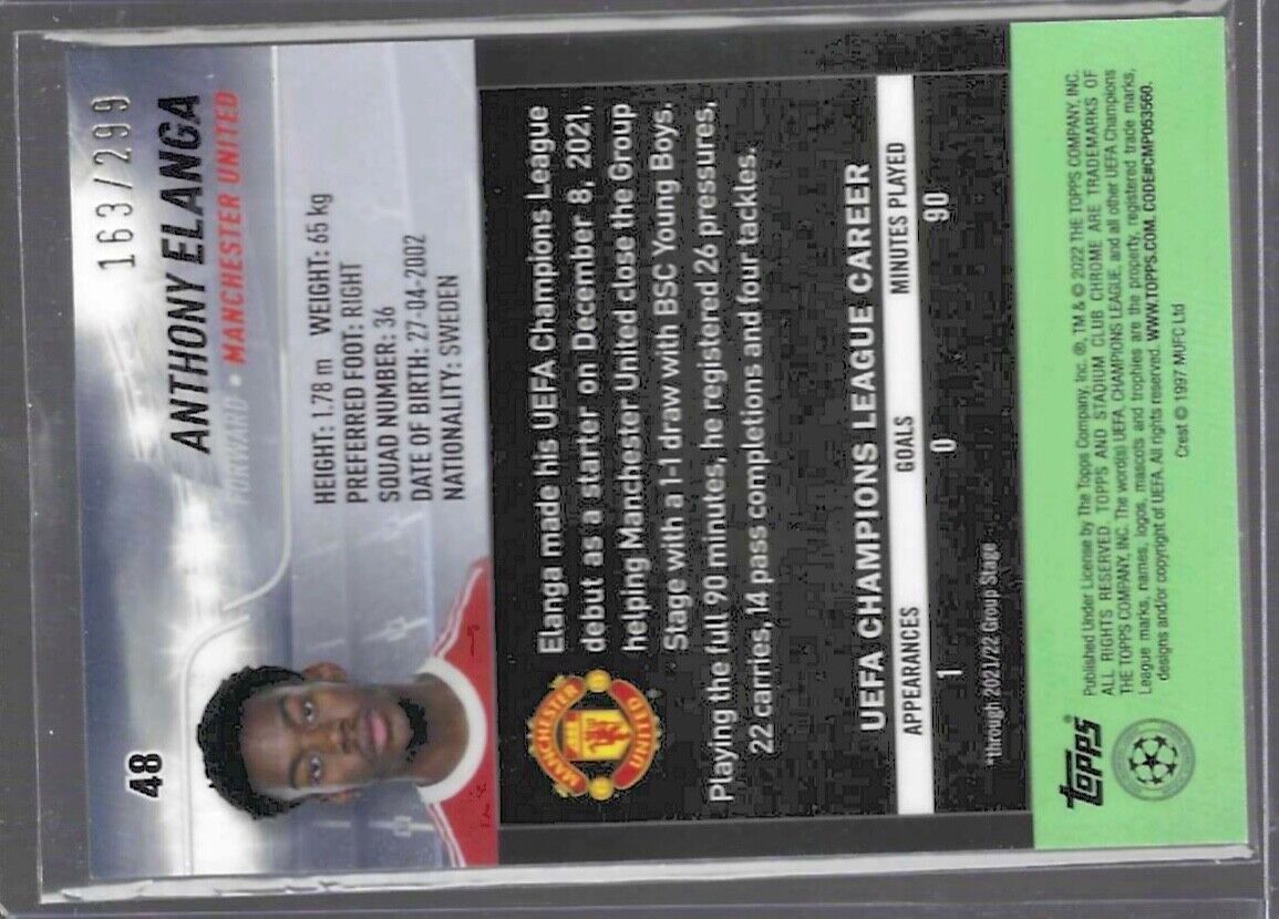 ANTHONY ELANGA 2021-22 TOPPS STADIUM CLUB CHROME NEGATIVE REFRACTOR RC #D /299