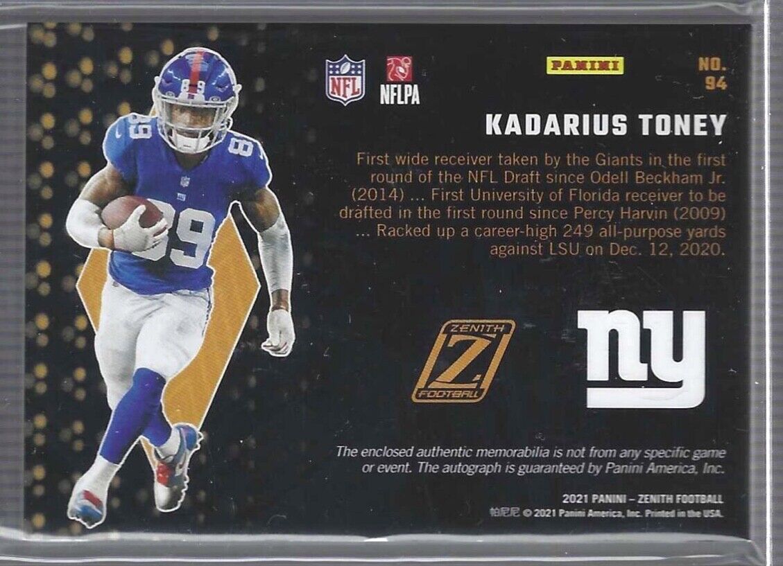 KADARIUS TONEY 2021 PANINI ZENITH FOOTBALL ROOKIE QUAD PATCH AUTO RC #D 07/10