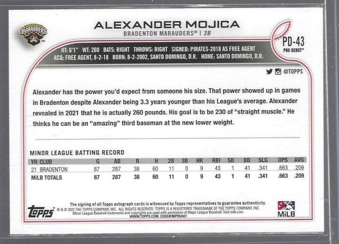 ALEXANDER MOJICA 2022 TOPPS PRO DEBUT PROSPECT AUTO #PD-43