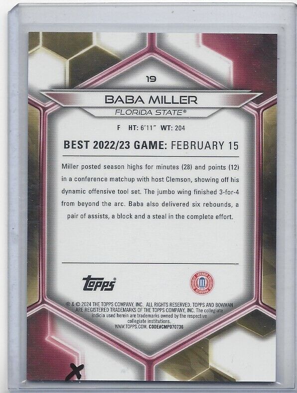 BABA MILLER 2023 BOWMANS BEST GOLD FLORIDA STATE REFRACTOR #D 48/50