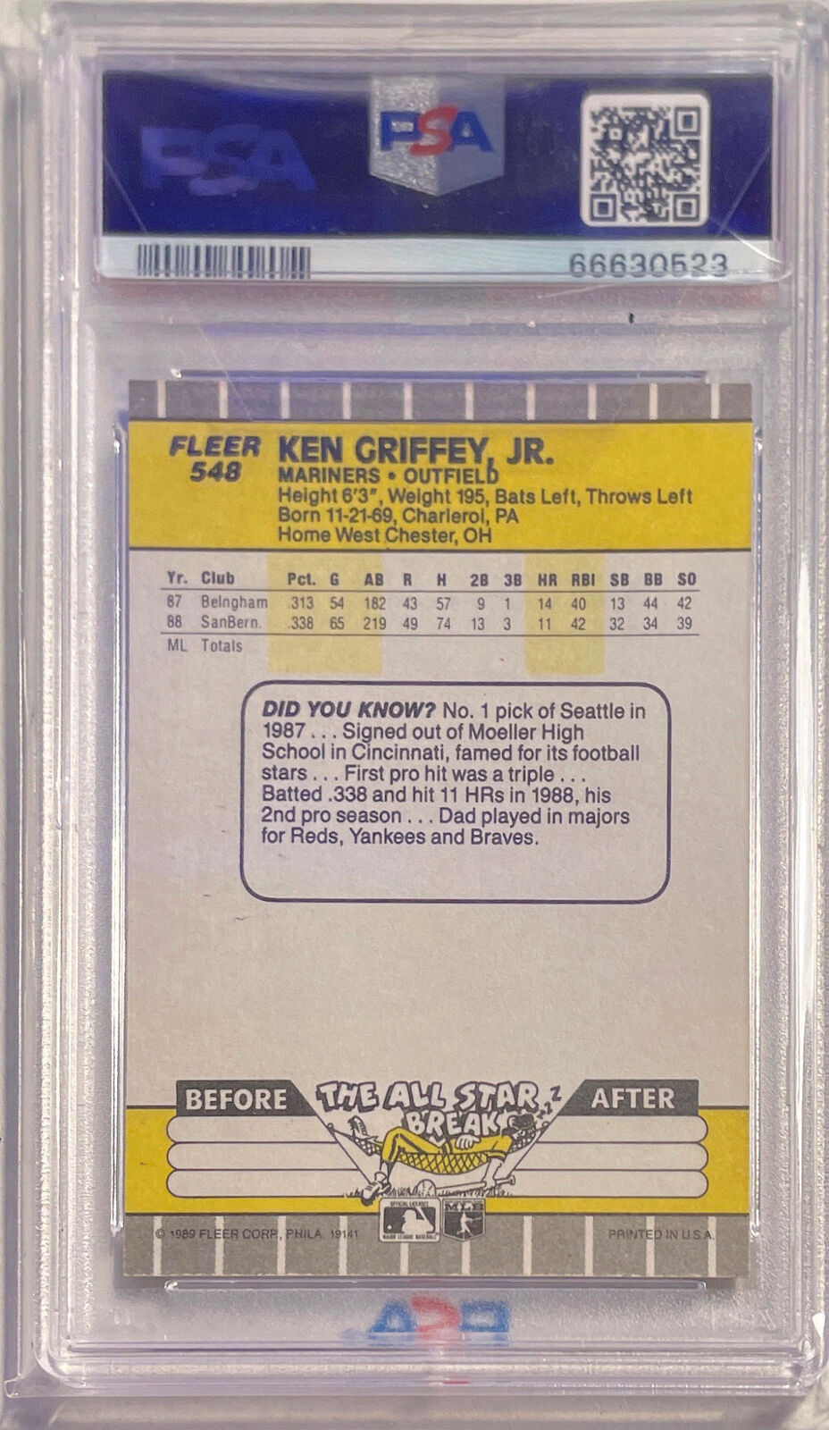 KEN GRIFFEY JR. 1989 FLEER ROOKIE RC #548 PSA 8 NEAR MINT TO MINT
