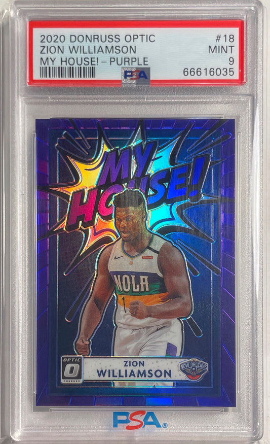 ZION WILLIAMSON 2020-21 DONRUSS OPTIC MY HOUSE! PURPLE PRIZM #18 PSA 9 POP 6