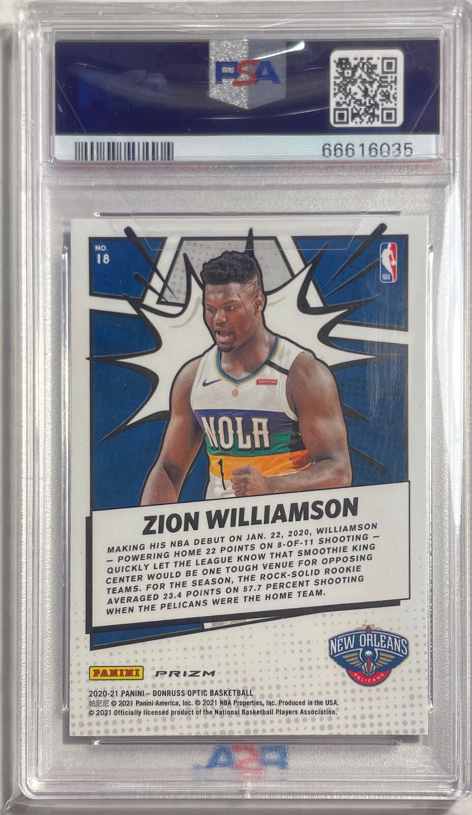 ZION WILLIAMSON 2020-21 DONRUSS OPTIC MY HOUSE! PURPLE PRIZM #18 PSA 9 POP 6