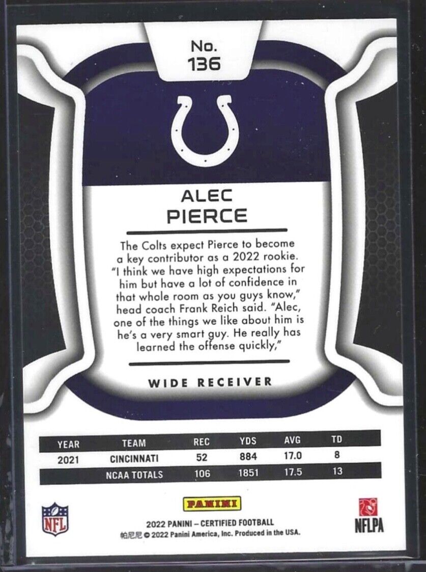 ALEC PIERCE 2022 PANINI CERTIFIED MIRROR GOLD FOIL ROOKIE RC #D 01/25