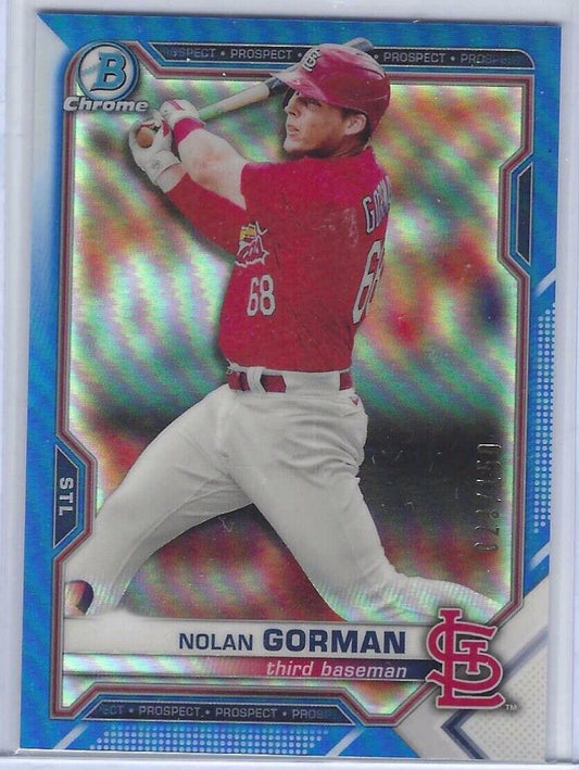 NOLAN GORMAN 2021 BOWMAN CHROME BLUE REFRACTOR PROSPECT #D 029/150