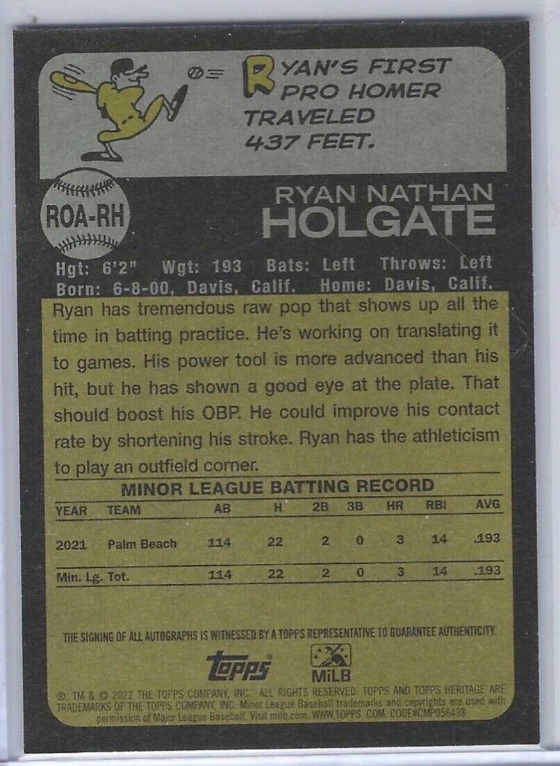 RYAN HOLGATE 2022 TOPPS HERITAGE MINOR LEAGUE PROSPECT REAL ONE AUTO #ROA-RH