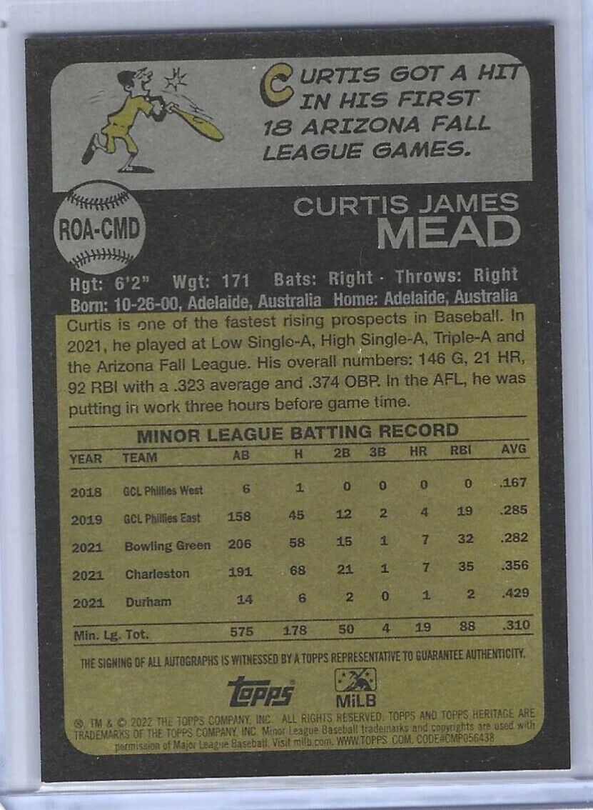CURTIS MEAD 2022 TOPPS HERITAGE MINOR LEAGUE PROSPECT REAL ONE AUTO #ROA-CMD