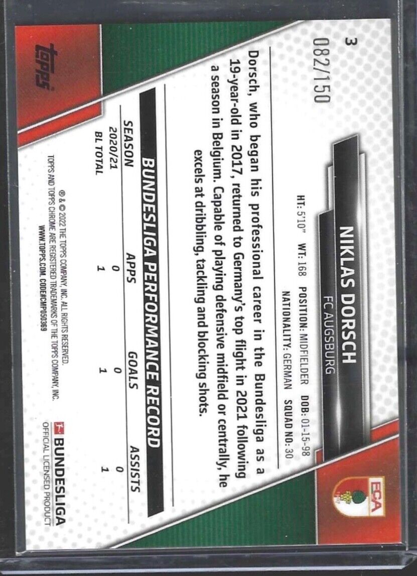 NIKLAS DORSCH 2021-22 TOPPS CHROME BLUE REFRACTOR ROOKIE RC #D 082/150