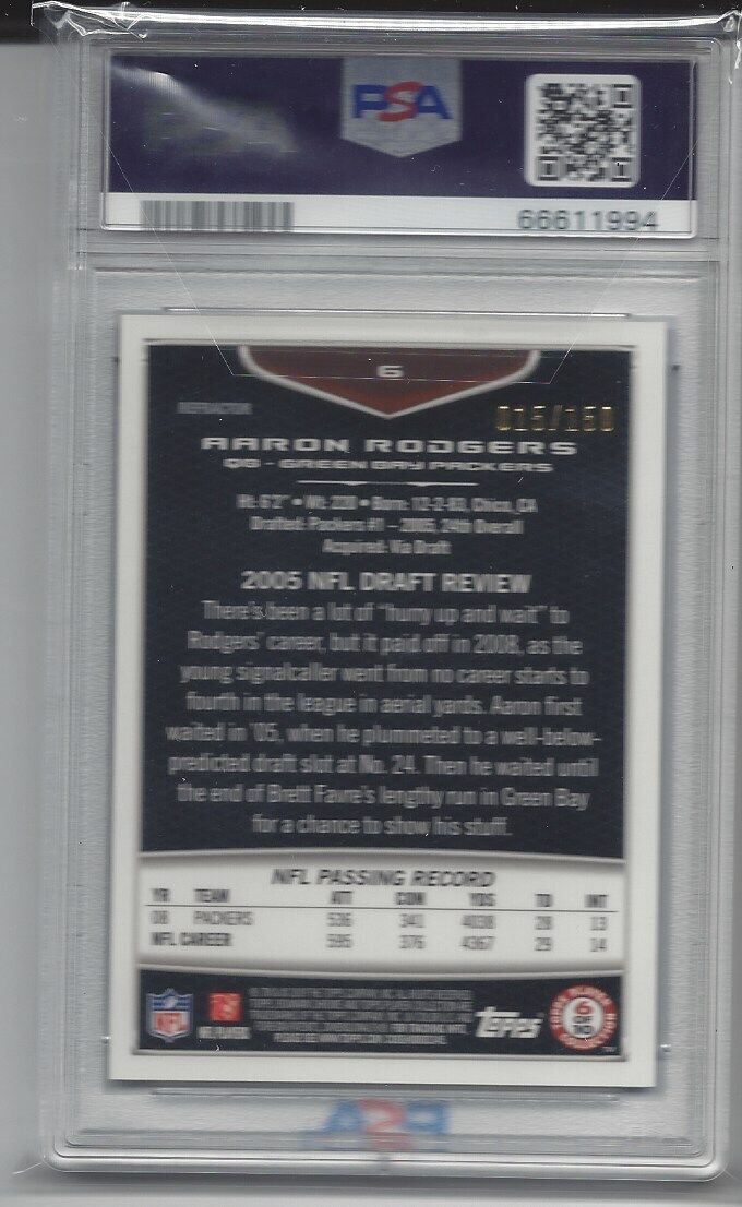 AARON RODGERS 2009 BOWMAN CHROME BLUE REFRACTOR #D 15/150 PSA 10 GEM MINT POP 6