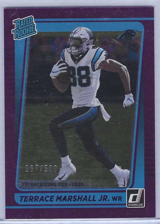 TERRACE MARSHALL JR 2021 PANINI DONRUSS PURPLE FOIL RATED ROOKIE RC #D /500