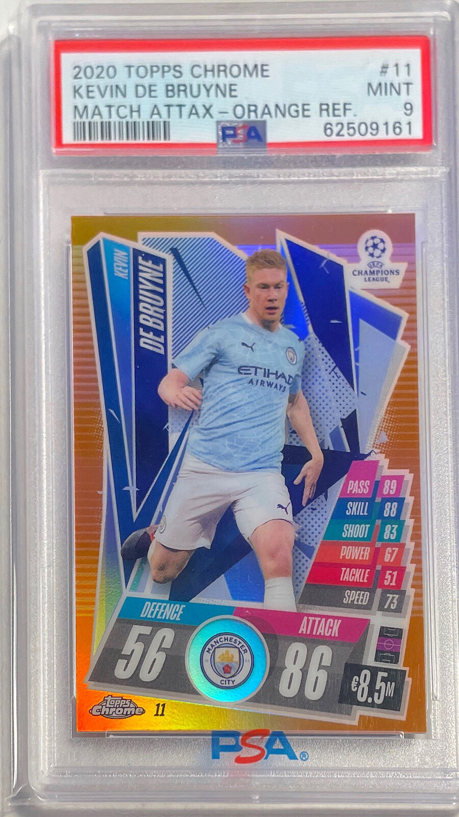 KEVIN DE BRUYNE 2020-21 TOPPS CHROME MATCH ATTAX ORANGE REFRACTOR /25 PSA 9 POP2