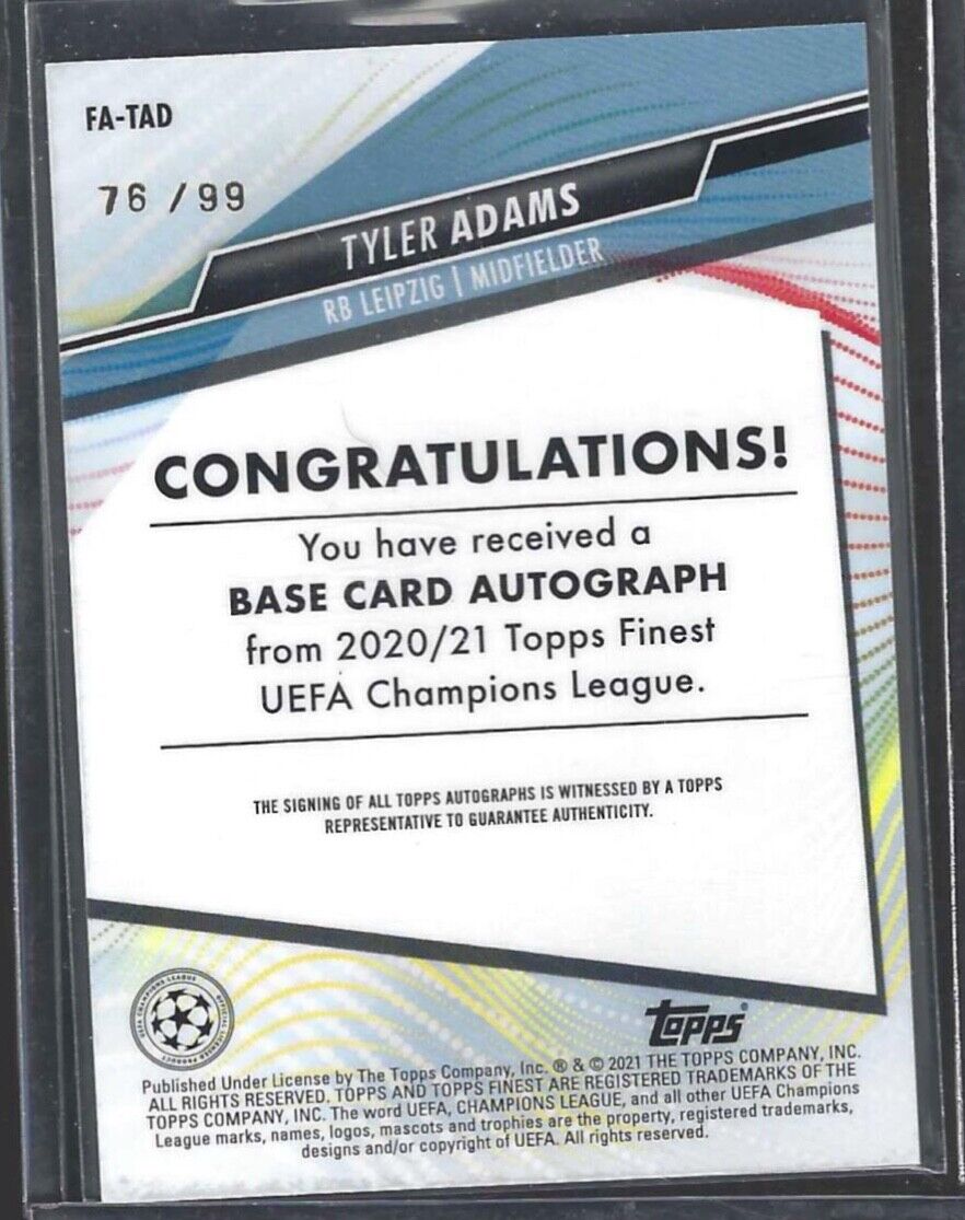 TYLER ADAMS 2020-21 TOPPS FINEST UCL GREEN WAVE REFRACTOR AUTO #D 76/99