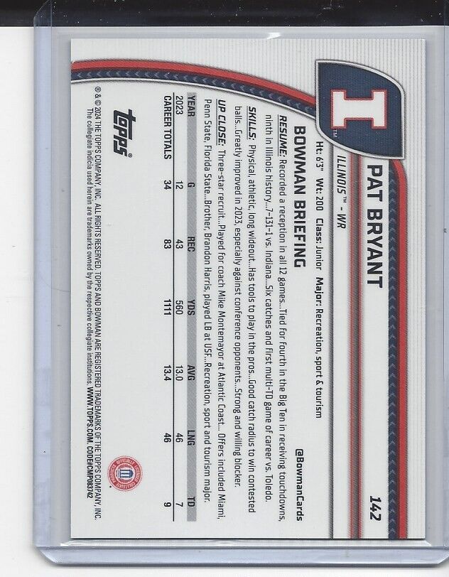 PAT BRYANT 2024 BOWMAN CHROME UNIVERSITY 1ST FUCHSIA MINI DIAMOND REFRACTOR /125