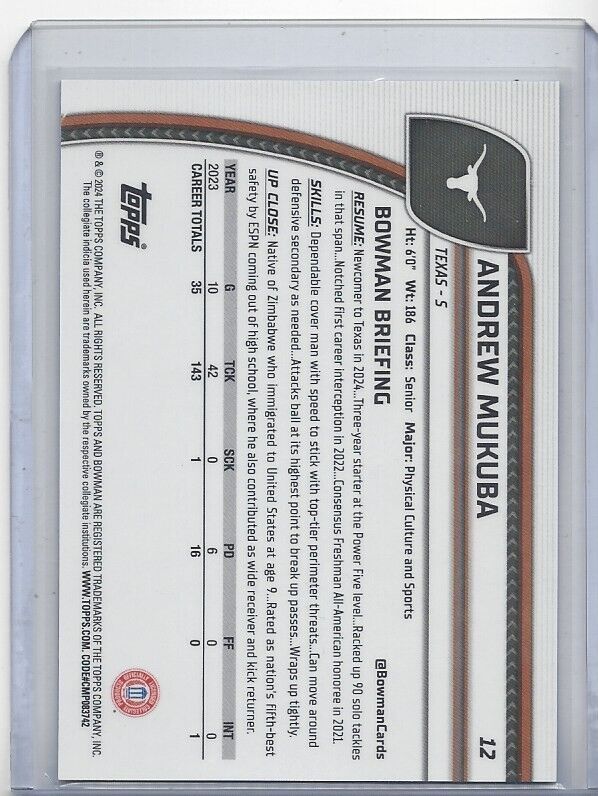 ANDREW MUKUBA 20224 BOWMAN CHROME UNIVERSITY PURPLE MINI DIAMOND REFRACTOR /375