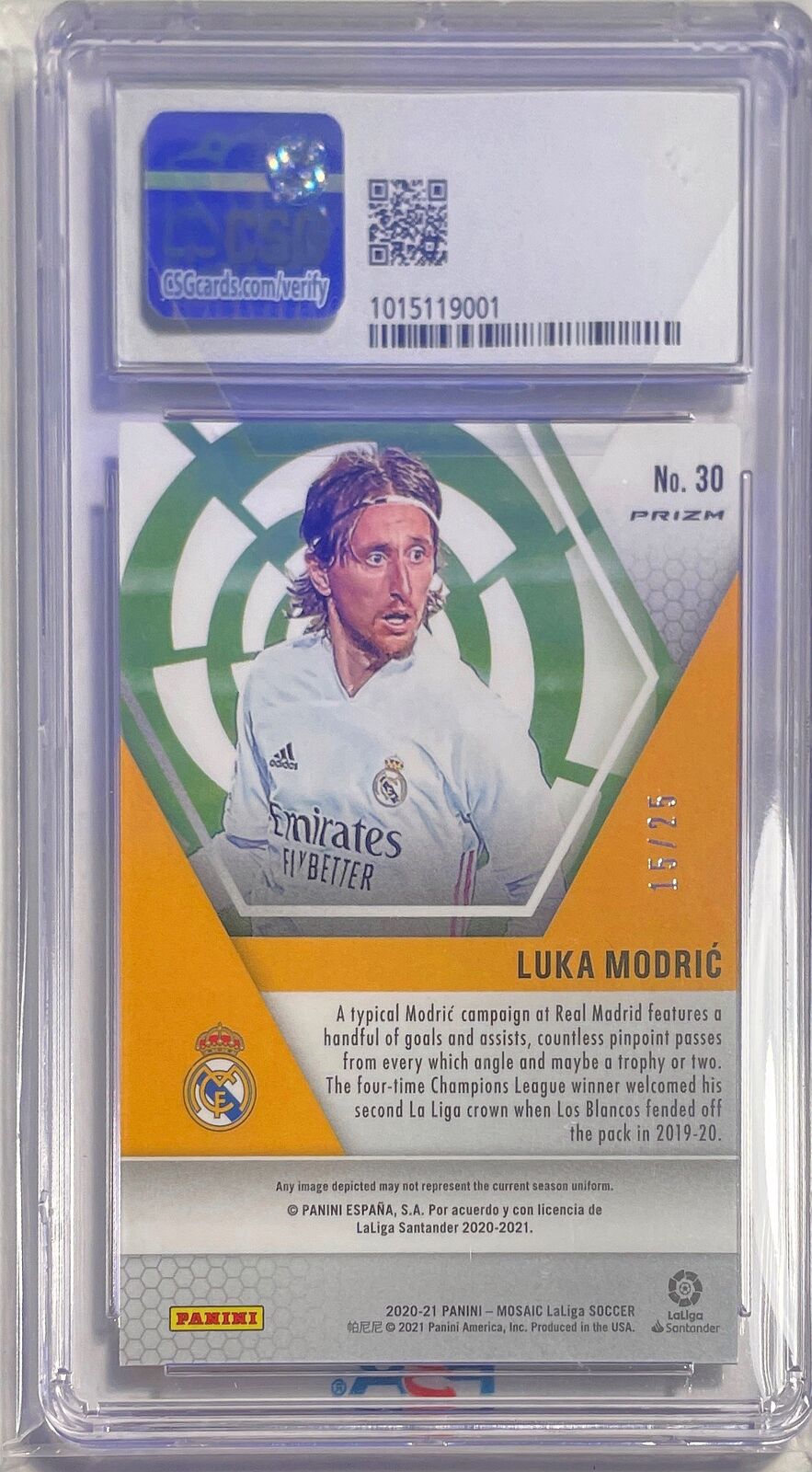 LUKA MODRIC 2020-21 MOSAIC LA LIGA ORANGE FLOURESCENT #D 15/25 CSG 9 POP 1/1