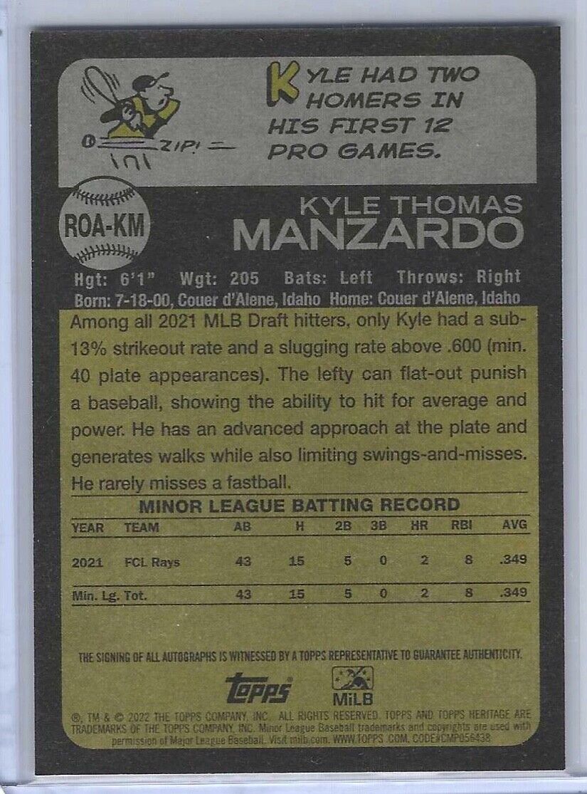 KYLE MANZARDO 2022 TOPPS HERITAGE MINOR LEAGUE PROSPECT REAL ONE AUTO #ROA-KM