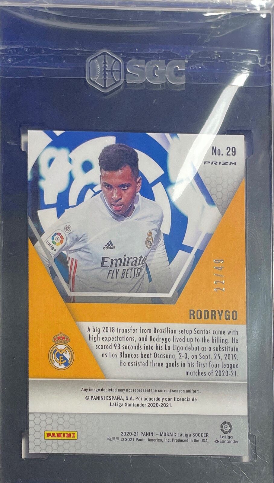 RODRYGO 2020-21 PANINI MOSAIC LA LIGA PURPLE PRIZM #D 22/49 SGC 9 MINT POP 1/1