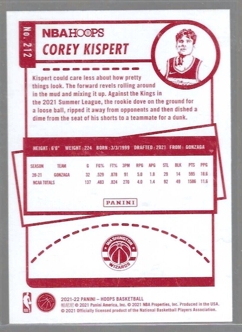 COREY KISPERT 2021-22 NBA HOOPS RED BACK SP ROOKIE RC #212