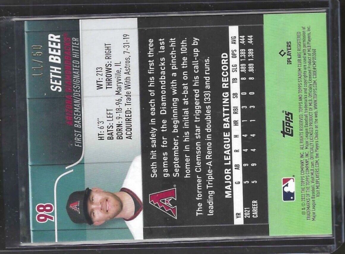 SETH BEER 2022 TOPPS STADIUM CLUB BLUE FOIL ROOKIE RC #D 11/50