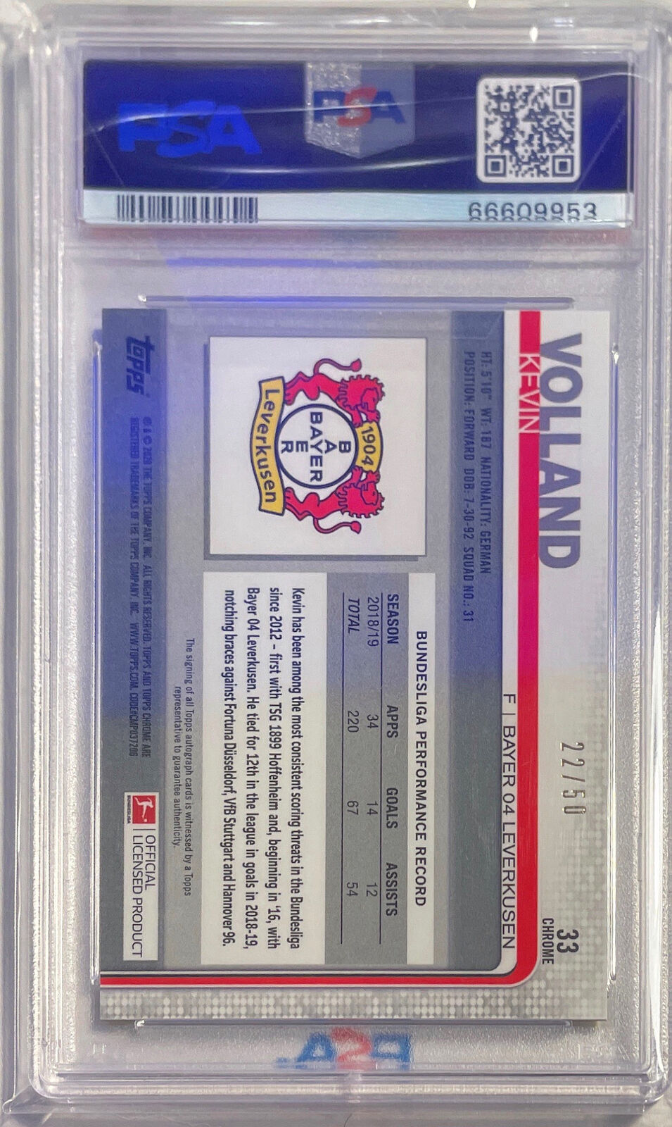 KEVIN VOLLAND 2019 TOPPS CHROME BUNDESLIGA GOLD REFRACTOR AUTO /50 PSA 10 POP 1