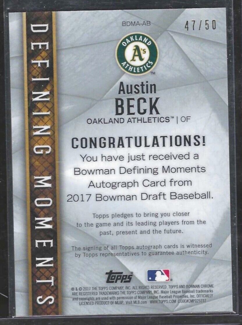 AUSTIN BECK 2017 BOWMAN CHROME DEFINING MOMENTS GOLD REFRACTOR AUTO #D 47/50