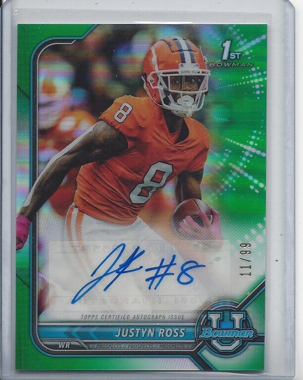 JUSTYN ROSS 2022 BOWMAN CHROME 1ST GREEN REFRACTOR AUTO RC #D 11/99