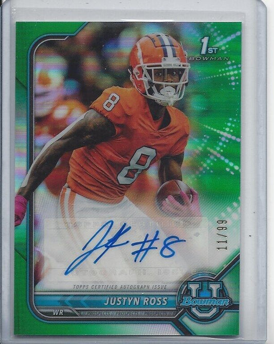 JUSTYN ROSS 2022 BOWMAN CHROME 1ST GREEN REFRACTOR AUTO RC #D 11/99