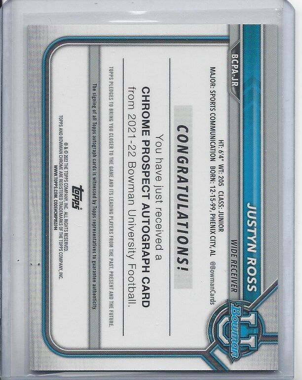 JUSTYN ROSS 2022 BOWMAN CHROME 1ST GREEN REFRACTOR AUTO RC #D 11/99