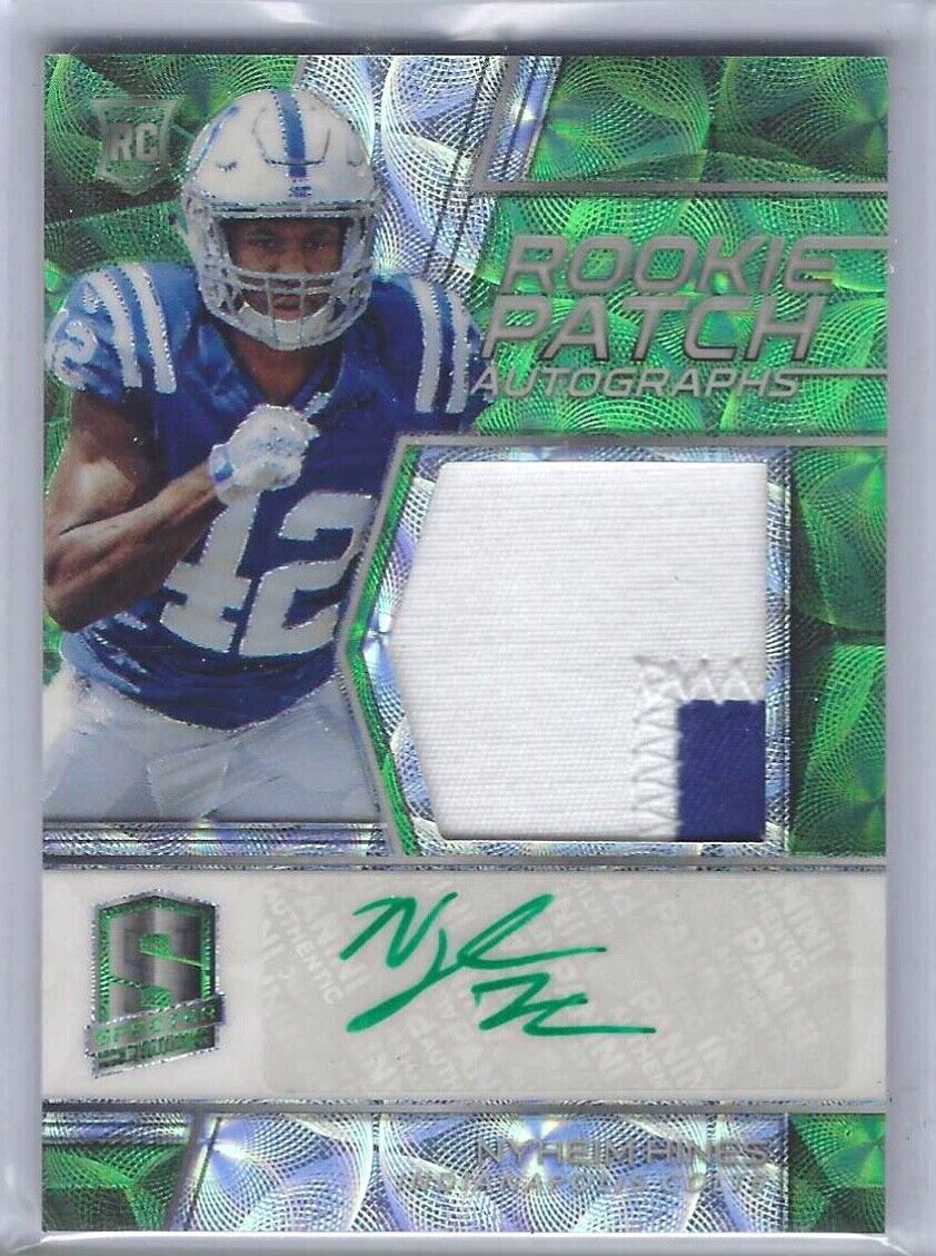NYHEIM HINES 2018 SPECTRA NEON GREEN PRIZM ROOKIE PATCH AUTO RC #D 50/60