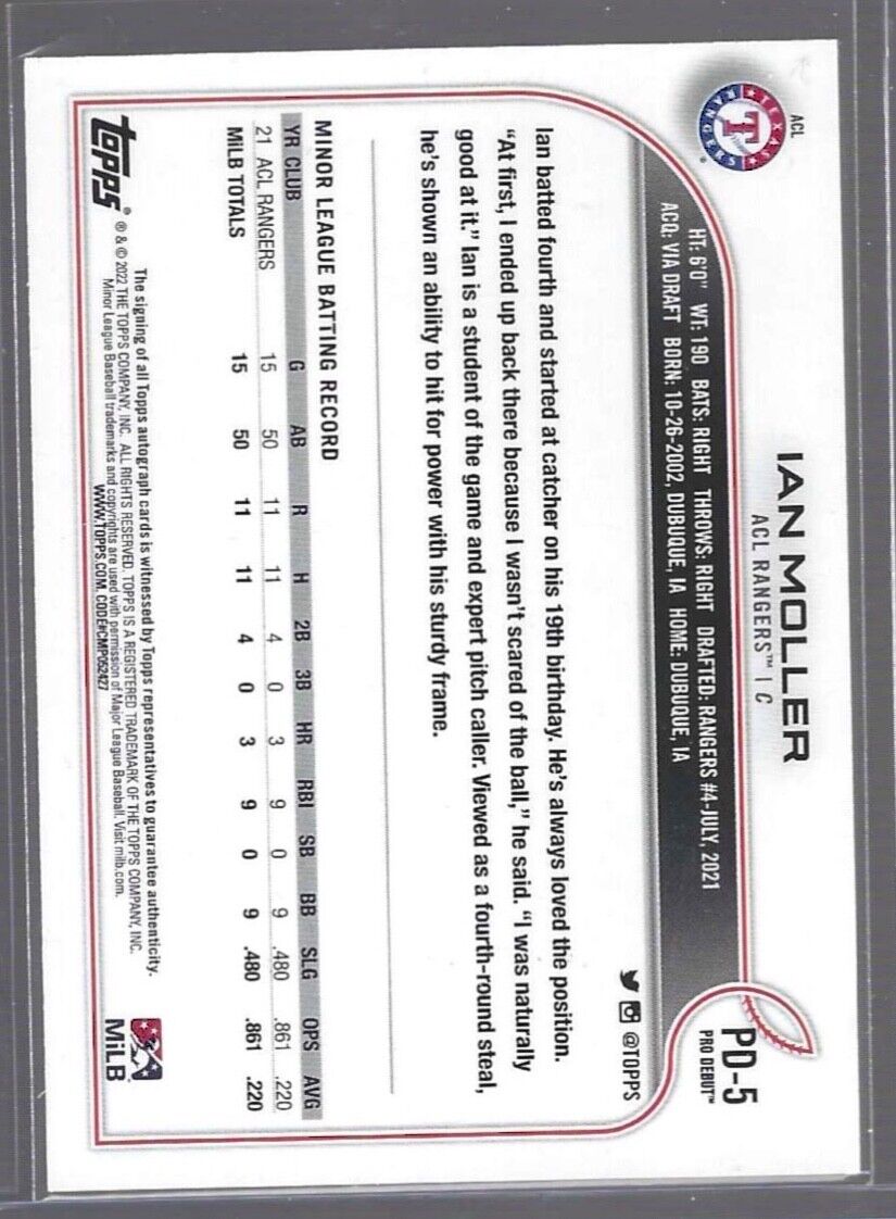 IAN MOLLER 2022 TOPPS PRO DEBUT PROSPECT AUTO #PD-5