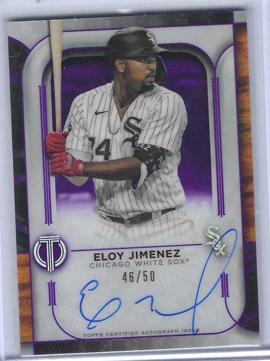 ELOY JIMENEZ 2022 TOPPS TRIBUTE PURPLE ON CARD AUTO #D 46/50