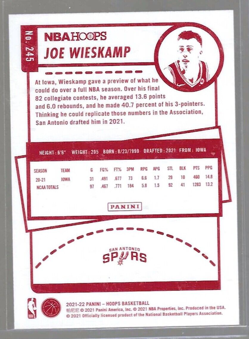 JOE WIESKAMP 2021-22 NBA HOOPS RED BACK SP ROOKIE RC #245
