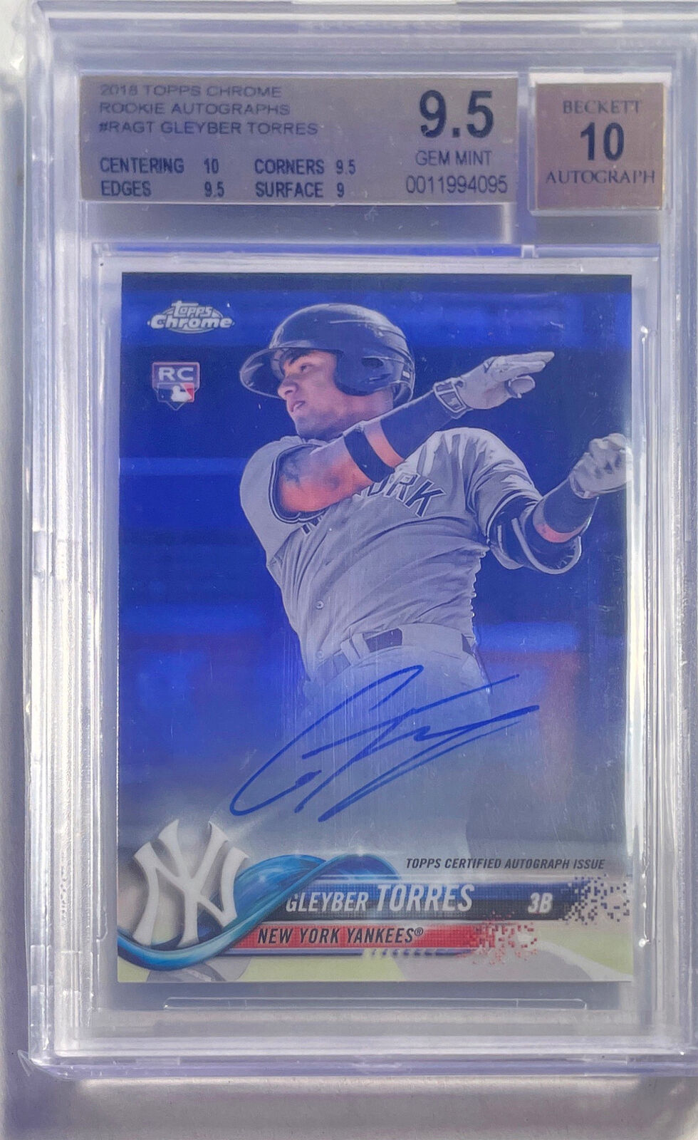 GLEYBER TORRES 2018 TOPPS CHROME AUTO ROOKIE RC #RAGT BGS 9.5 10 AU GEM MINT