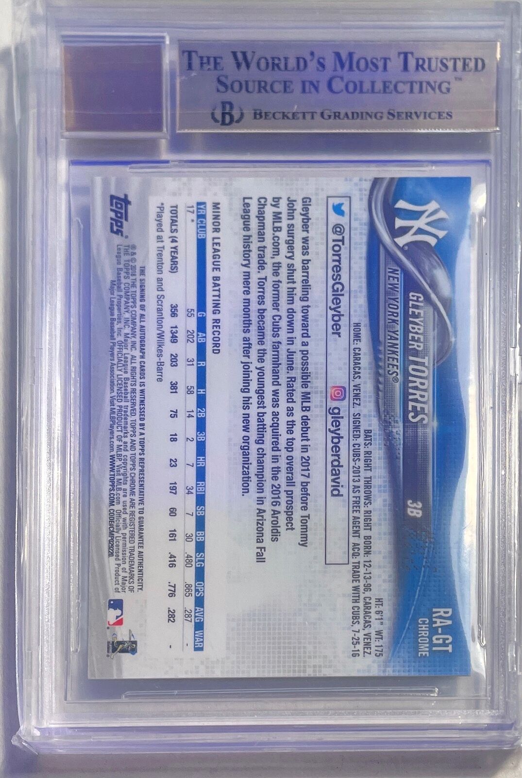 GLEYBER TORRES 2018 TOPPS CHROME AUTO ROOKIE RC #RAGT BGS 9.5 10 AU GEM MINT