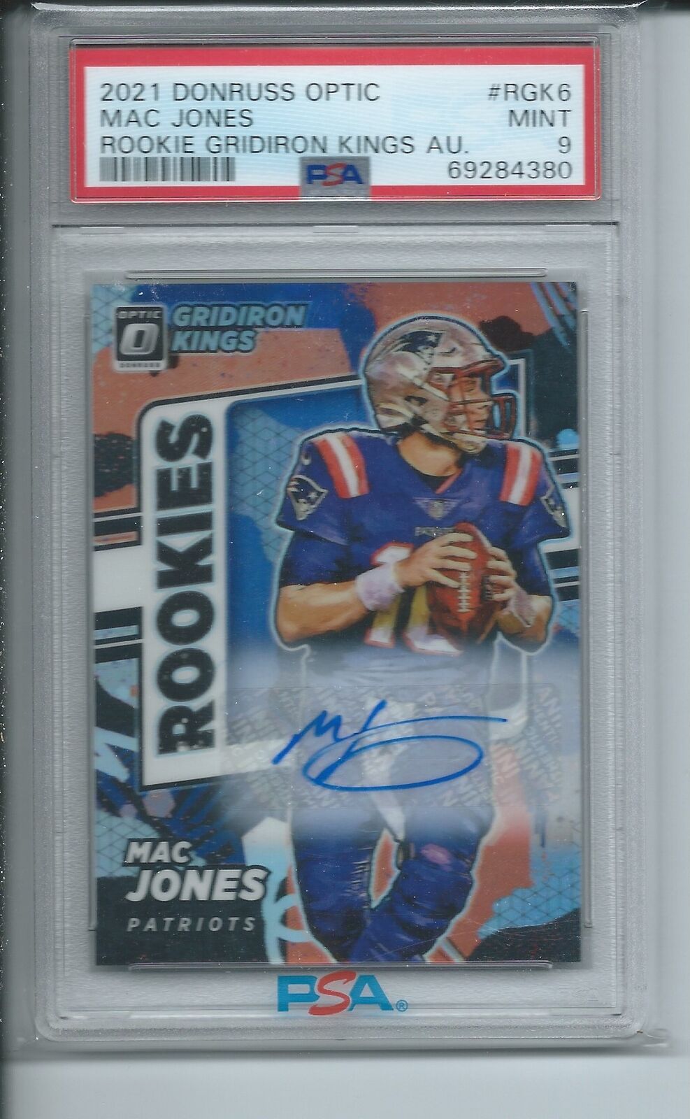 MAC JONES 2021 PANINI DONRUSS OPTIC ROOKIE GRIDIRON KINGS HOLO AUTO RC /99 PSA 9