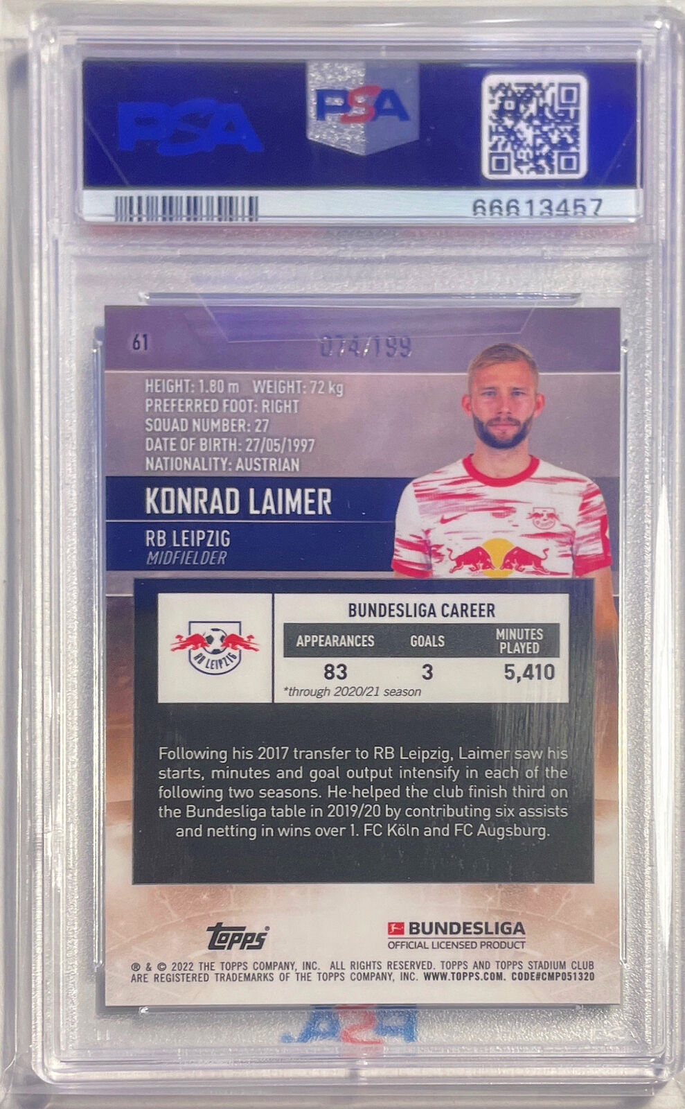 KONRAD LAIMER 2021 STADIUM CLUB CHROME BNDSLG AQUA REFRACTOR /199 PSA 10 POP 1/1
