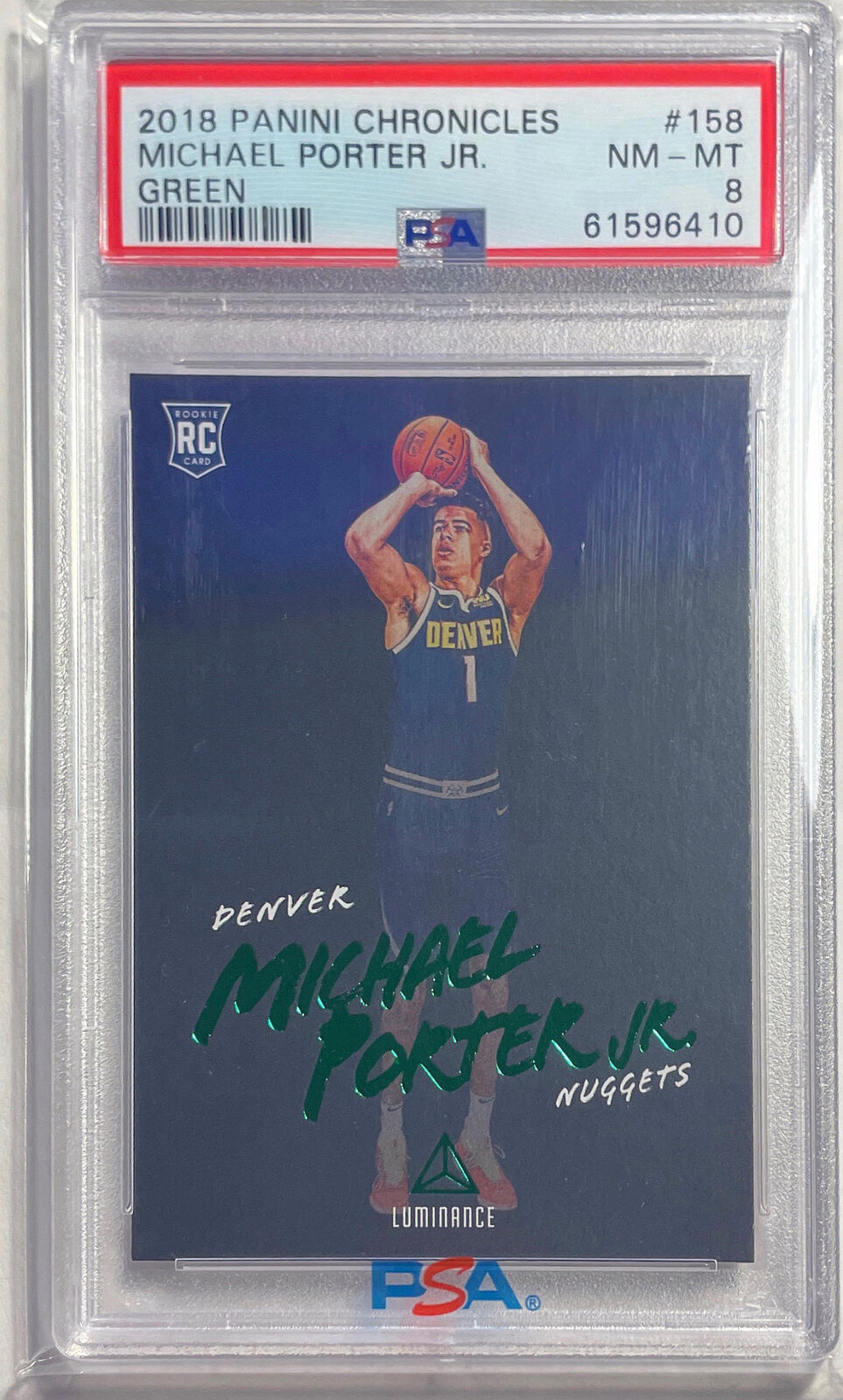 MICHAEL PORTER JR 2018-19 PANINI CHRONICLES LUMINANCE GREEN RC #158 PSA 8 POP 1