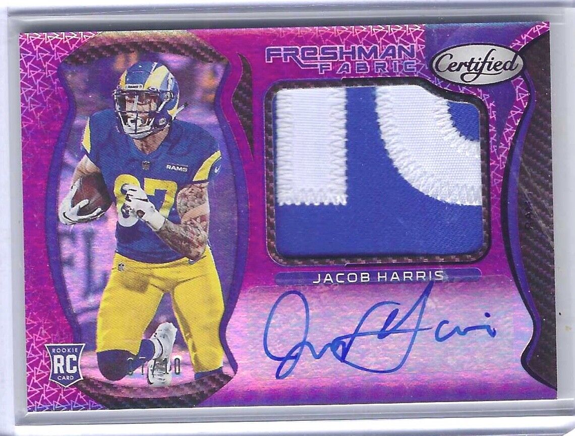 JACOB HARRIS 2021 PANINI CERTIFIED PURPLE RPA ROOKIE PATCH AUTO RC #D 07/10